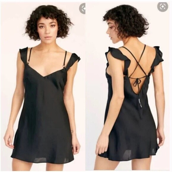 Free People What I Want Mini Slip Dress Small Black Flutter Sleeve Size XS - Picture 1 of 9
